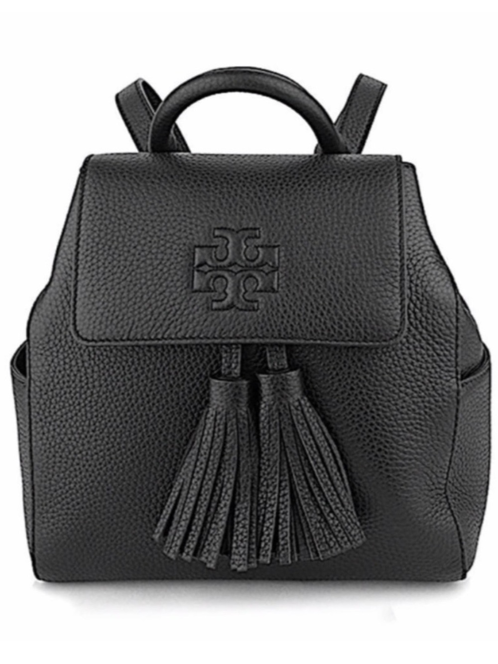 Tory Burch Leah Black Pebbled Leather Tassel Backpack EUC